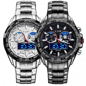 學生手表_外貿熱銷新款時尚藍光多功能雙機芯運動表石英表鋼帶學生手表